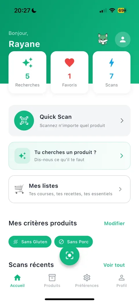 Écran d’accueil VitaScan