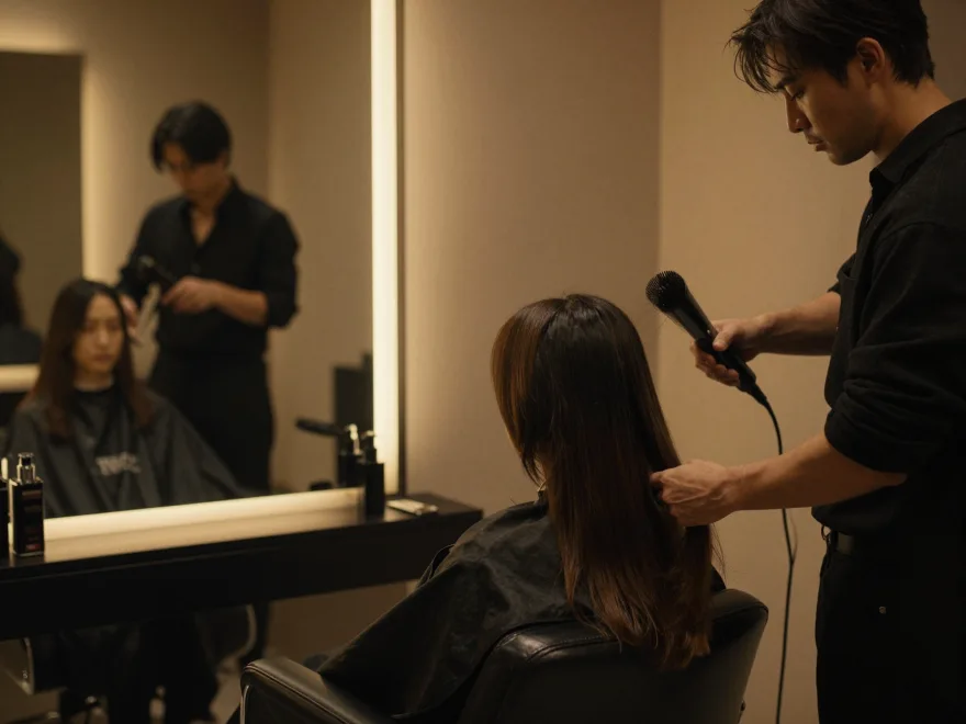 Coiffeuse réalisant un brushing dans un salon premium