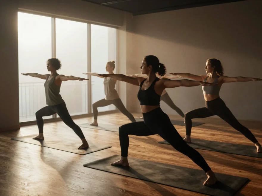 Cours de yoga dans un studio baigné de lumière douce